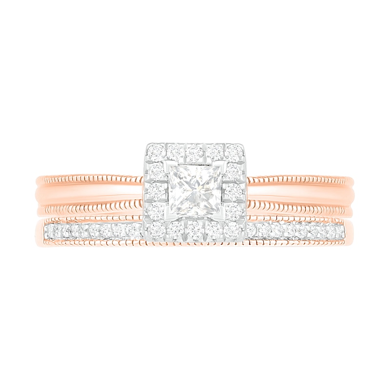 Main Image 3 of 0.29 CT. T.W. Princess-Cut Diamond Frame Vintage-Style Bridal Set in 10K Rose Gold