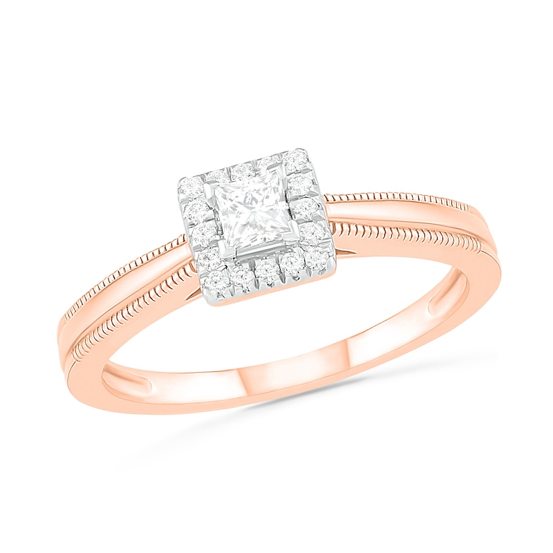 Main Image 4 of 0.29 CT. T.W. Princess-Cut Diamond Frame Vintage-Style Bridal Set in 10K Rose Gold