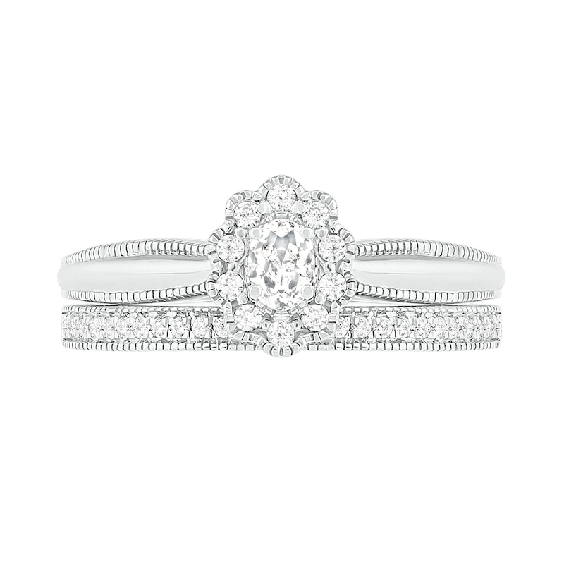 0.29 CT. T.W. Oval Diamond Scallop Frame Vintage-Style Bridal Set in 10K White Gold