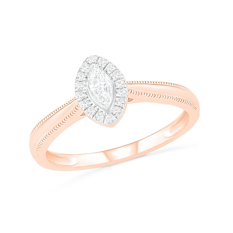 Main Image 4 of 0.29 CT. T.W. Marquise Diamond Frame Vintage-Style Bridal Set in 10K Rose Gold