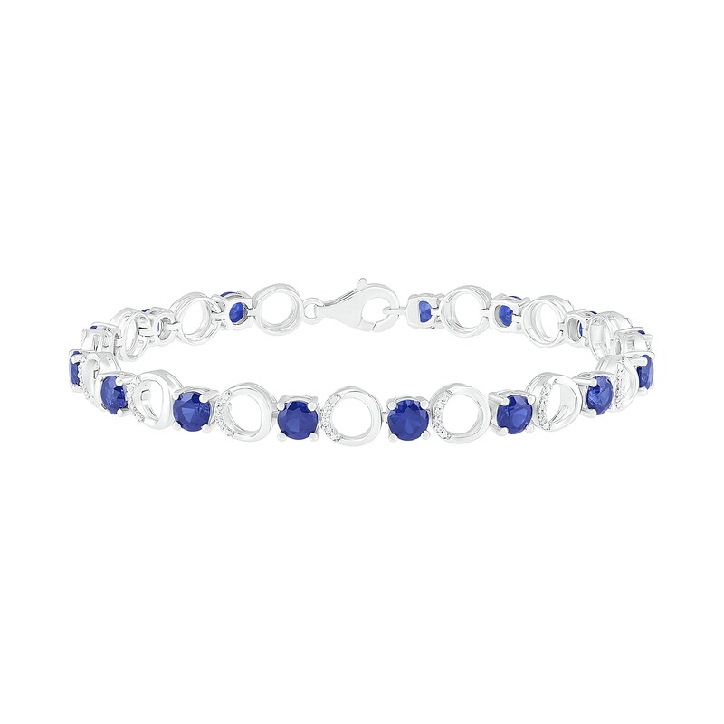 4.5mm Lab-Created Blue Sapphire and 0.18 CT. T.W. Diamond Open Circle Link Line Bracelet in Sterling Silver - 7.25"|Peoples Jewellers