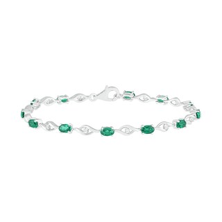 Oval Lab-Created Emerald and White Sapphire Open Flame Link Alternating Line Bracelet in Sterling Silver - 7.25"