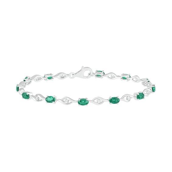Oval Lab-Created Emerald and White Sapphire Open Flame Link Alternating Line Bracelet in Sterling Silver - 7.25"