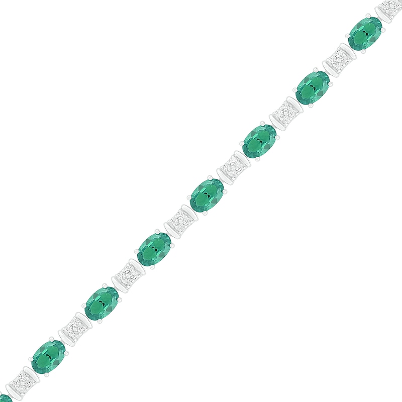 Oval Lab-Created Emerald and White Sapphire Barrel Link Alternating Line Bracelet in Sterling Silver - 7.25"|Peoples Jewellers