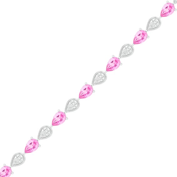 Pear-Shaped Lab-Created Pink Sapphire and 0.116 CT. T.W. Diamond Teardrop Link Line Bracelet in Sterling Silver - 7.25"