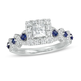 Vera Wang Love Collection 0.95 CT. T.W. Princess-Cut Diamond and Blue Sapphire Engagement Ring in 14K White Gold