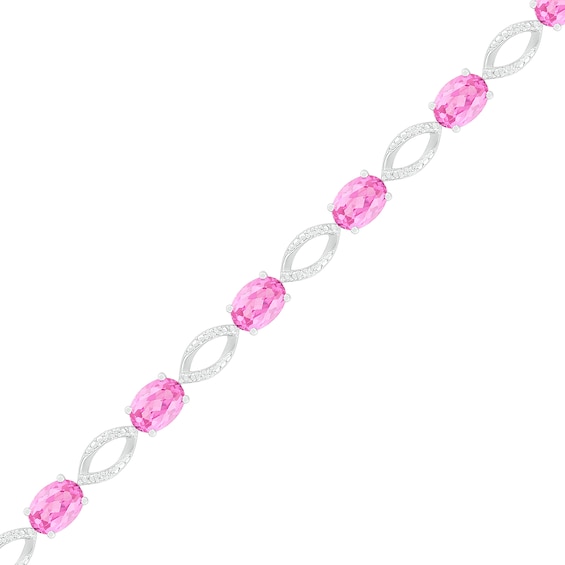 Oval Lab-Created Pink Sapphire and 0.14 CT. T.W. Diamond Open Marquise Link Line Bracelet in Sterling Silver - 7.5"