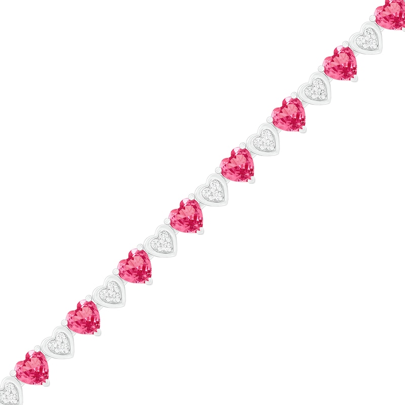 Heart-Shaped Lab-Created Ruby and White Sapphire Cluster Heart Link Alternating Line Bracelet in Sterling Silver - 7.25"|Peoples Jewellers