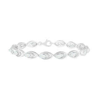 Lab-Created Opal and 0.145 CT. T.W. Diamond Layered Marquise Link Line Bracelet in Sterling Silver - 7.25"