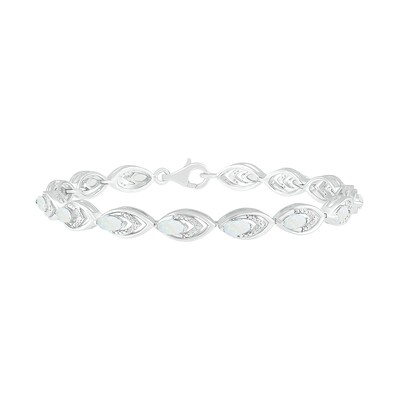 Lab-Created Opal and 0.145 CT. T.W. Diamond Layered Marquise Link Line Bracelet in Sterling Silver - 7.25"