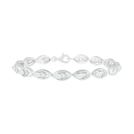 Lab-Created Opal and 0.145 CT. T.W. Diamond Layered Marquise Link Line Bracelet in Sterling Silver - 7.25"