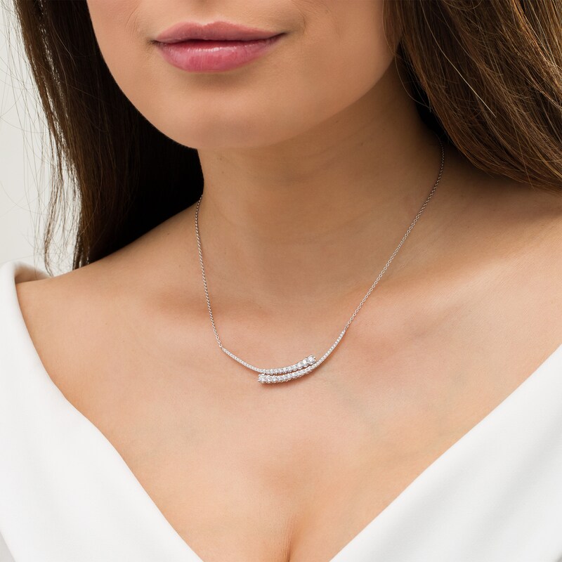Main Image 3 of Marilyn Monroe™ Collection 0.95 CT. T.W. Journey Diamond Bypass Double Curved Line Necklace in 10K White Gold - 15.5"