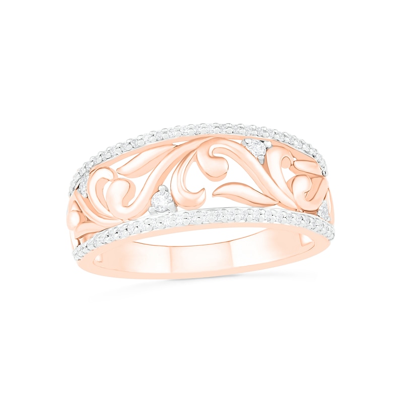 18k Rose Gold Eternity Wedding Band Filigree Leaf Diamond Rings