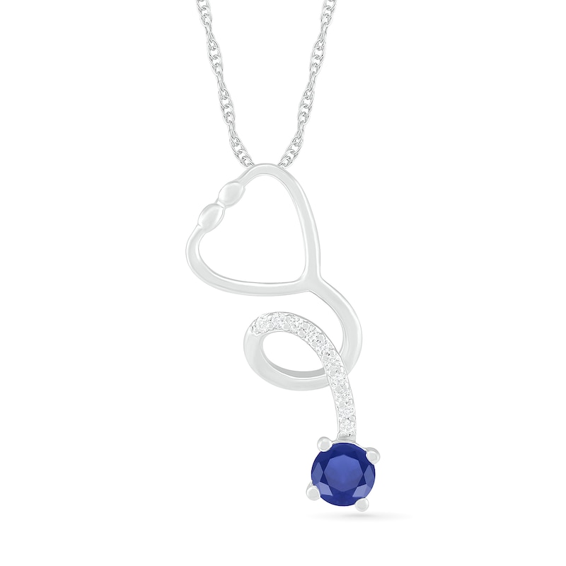 3.0mm Lab-Created Blue and White Sapphire Tilted Loop Stethoscope Pendant in Sterling Silver