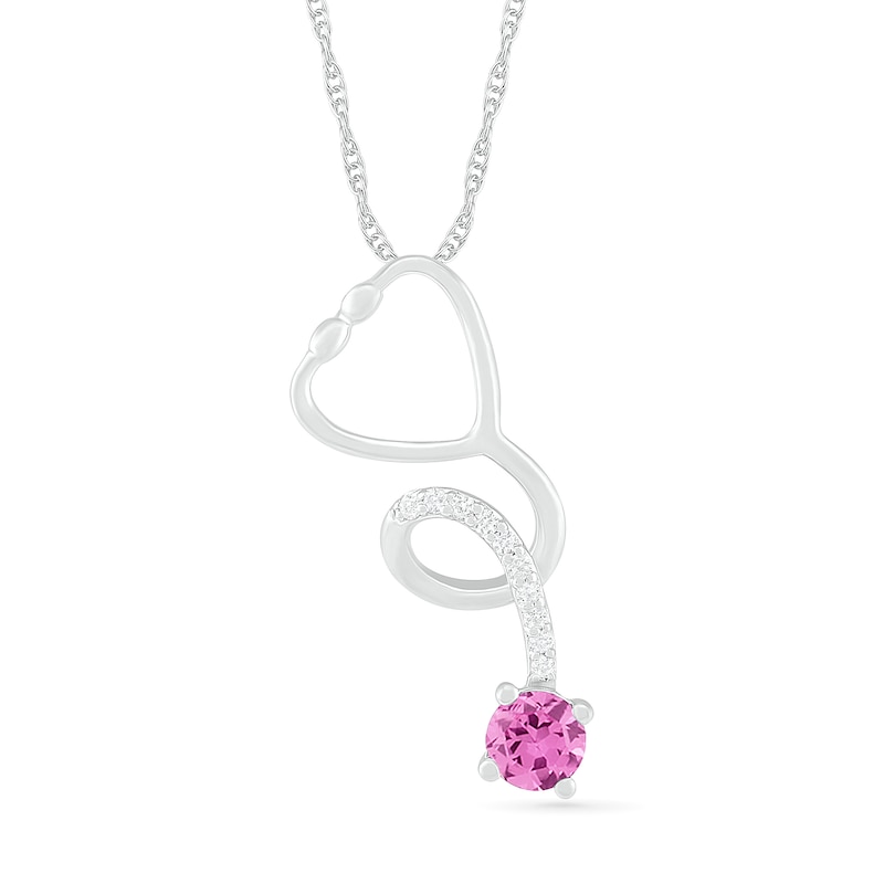 Main Image 1 of 3.0mm Lab-Created Pink and White Sapphire Tilted Loop Stethoscope Pendant in Sterling Silver