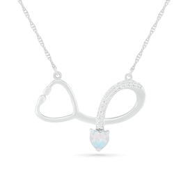4.0mm Heart-Shaped Lab-Created Opal and White Sapphire Loop Stethoscope Necklace in Sterling Silver