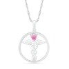 Thumbnail Image 0 of Heart-Shaped Lab-Created Pink Sapphire and 0.04 CT. T.W. Diamond Caduceus Open Circle Drop Pendant in Sterling Silver