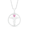 Thumbnail Image 1 of Heart-Shaped Lab-Created Pink Sapphire and 0.04 CT. T.W. Diamond Caduceus Open Circle Drop Pendant in Sterling Silver