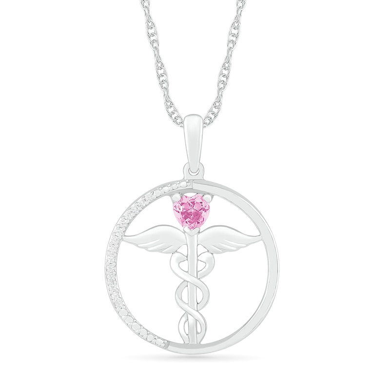 Heart-Shaped Lab-Created Pink Sapphire and 0.04 CT. T.W. Diamond Caduceus Open Circle Drop Pendant in Sterling Silver