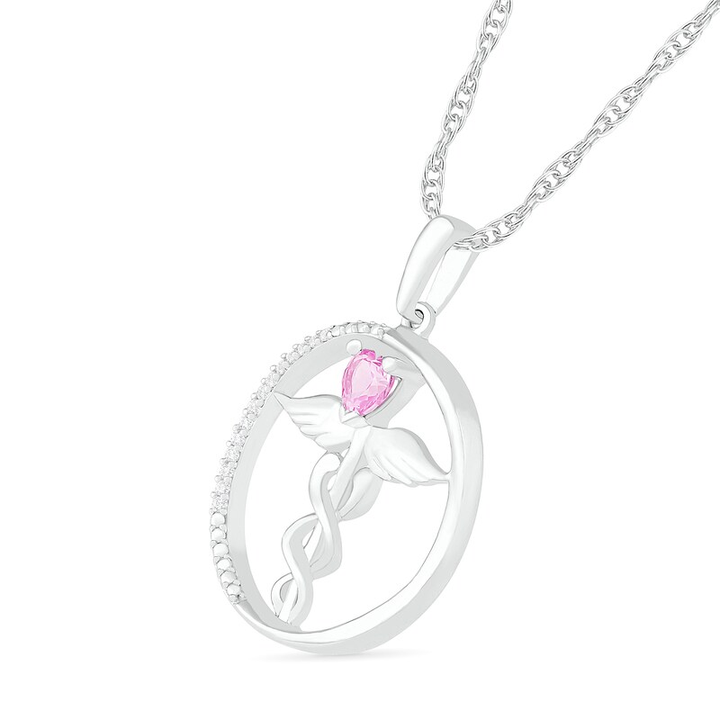 Heart-Shaped Lab-Created Pink Sapphire and 0.04 CT. T.W. Diamond Caduceus Open Circle Drop Pendant in Sterling Silver