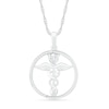 Thumbnail Image 0 of Heart-Shaped Lab-Created White Sapphire and 0.04 CT. T.W. Diamond Caduceus Open Circle Drop Pendant in Sterling Silver