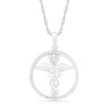 Thumbnail Image 0 of Heart-Shaped Lab-Created White Sapphire and 0.04 CT. T.W. Diamond Caduceus Open Circle Drop Pendant in Sterling Silver