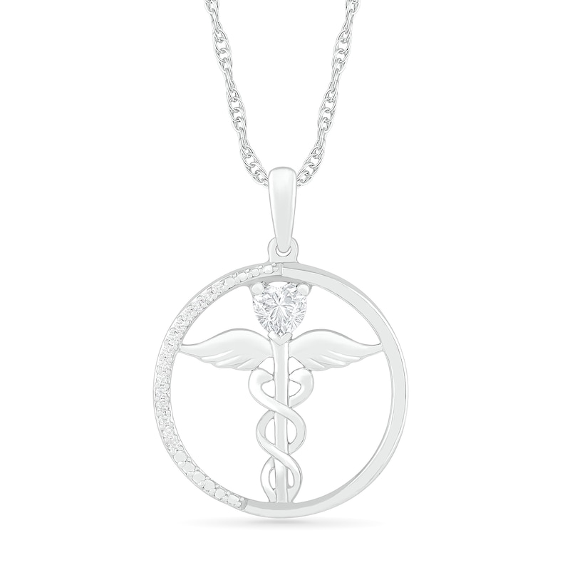 Heart-Shaped Lab-Created White Sapphire and 0.04 CT. T.W. Diamond Caduceus Open Circle Drop Pendant in Sterling Silver
