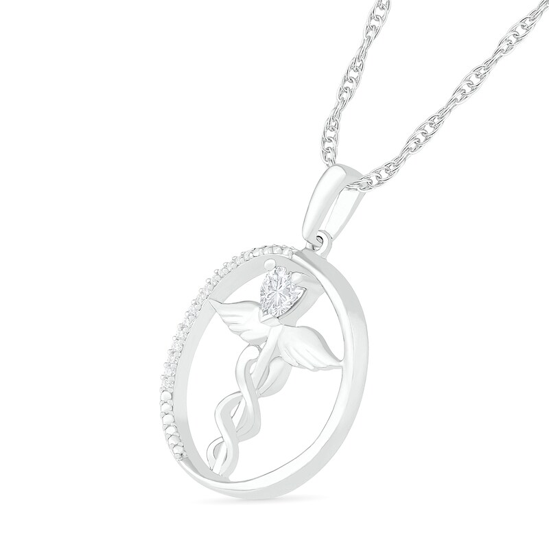 Heart-Shaped Lab-Created White Sapphire and 0.04 CT. T.W. Diamond Caduceus Open Circle Drop Pendant in Sterling Silver