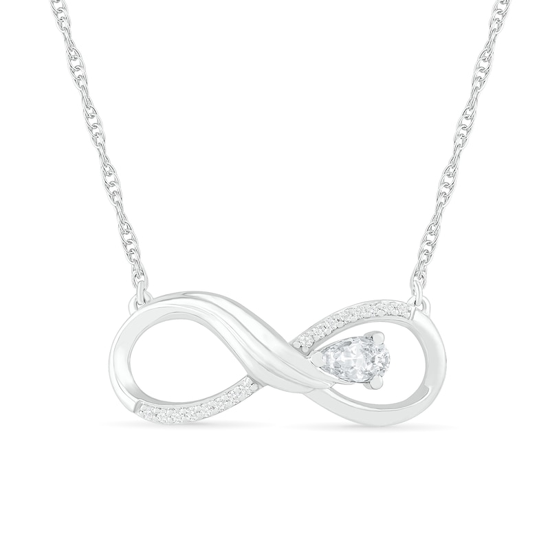 Pear-Shaped Lab-Created White Sapphire and 0.04 CT. T.W. Diamond Winged Infinity Necklace in Sterling Silver