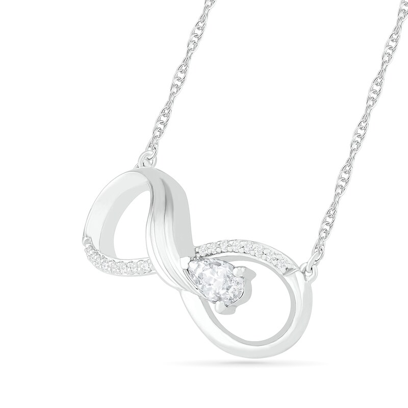 Pear-Shaped Lab-Created White Sapphire and 0.04 CT. T.W. Diamond Winged Infinity Necklace in Sterling Silver