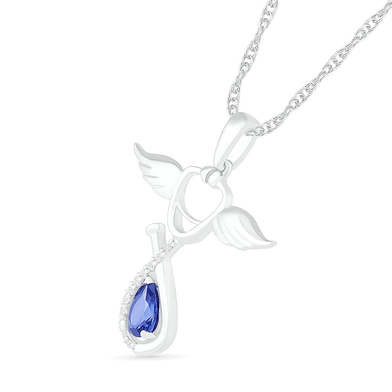 Pear-Shaped Lab-Created Blue and White Sapphire Loop Stethoscope with Wings Drop Pendant in Sterling Silver