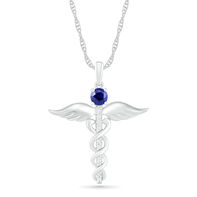 4.0mm Lab-Created Blue and White Sapphire Caduceus Drop Pendant in ...