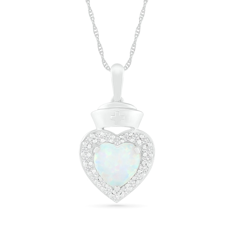 7.0mm Lab-Created Opal and White Sapphire Frame Heart with Nurse Cap Drop Pendant in Sterling Silver|Peoples Jewellers