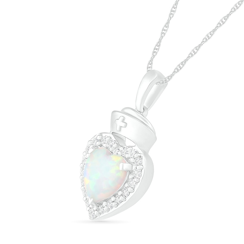 Main Image 2 of 7.0mm Lab-Created Opal and White Sapphire Frame Heart with Nurse Cap Drop Pendant in Sterling Silver