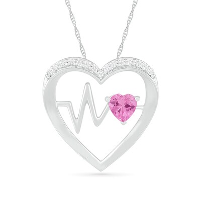 4.0mm Lab-Created Pink and White Sapphire Heartbeat Heart Pendant in Sterling Silver