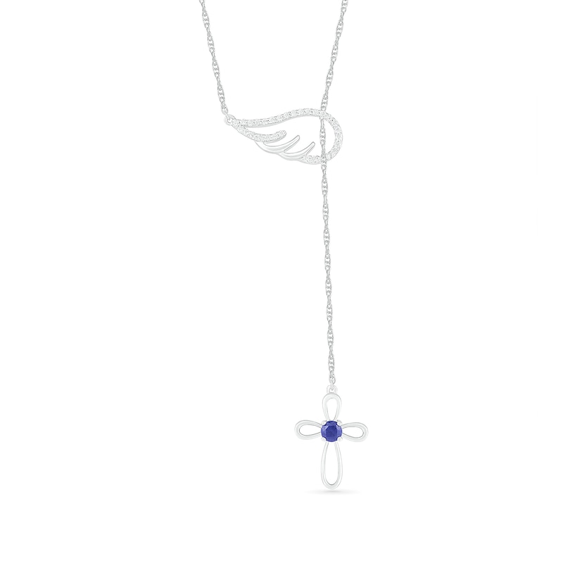 3.0mm Lab-Created Blue and White Sapphire Wing and Loop Cross Lariat Necklace in Sterling Silver - 19.75"