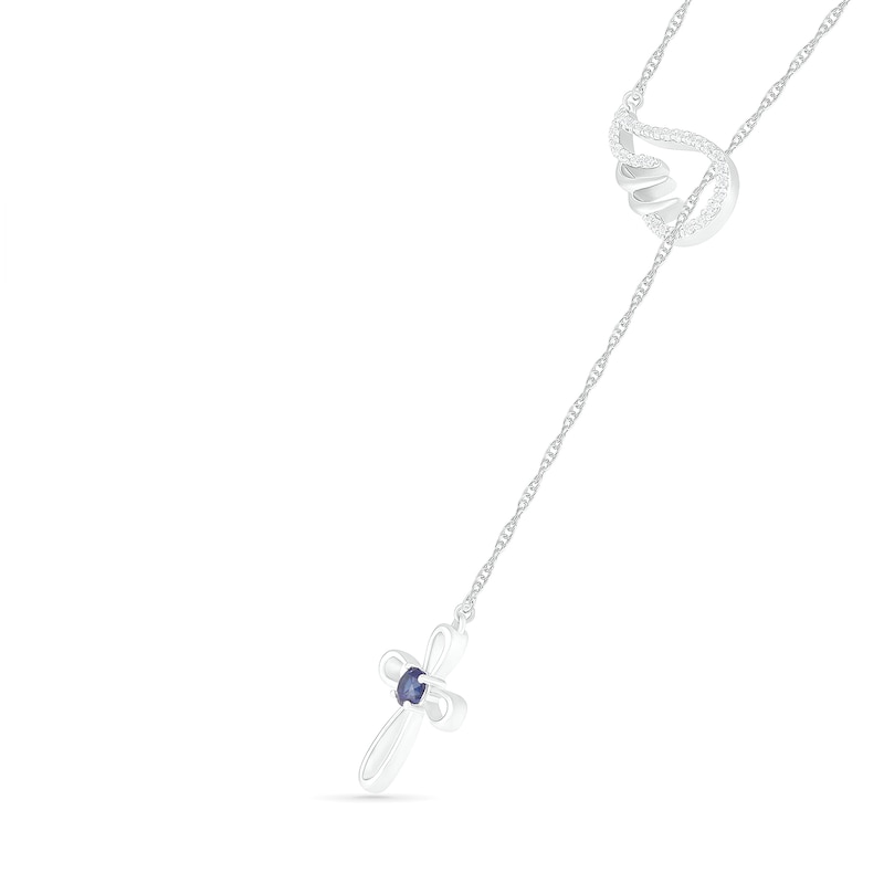 3.0mm Lab-Created Blue and White Sapphire Wing and Loop Cross Lariat Necklace in Sterling Silver - 19.75"