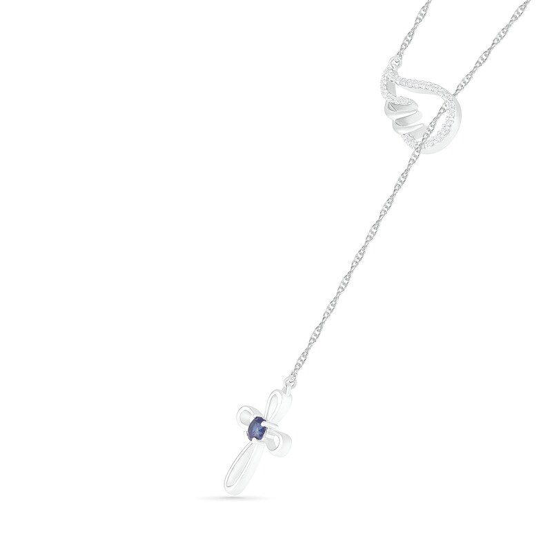 Main Image 2 of 3.0mm Lab-Created Blue and White Sapphire Wing and Loop Cross Lariat Necklace in Sterling Silver - 19.75"