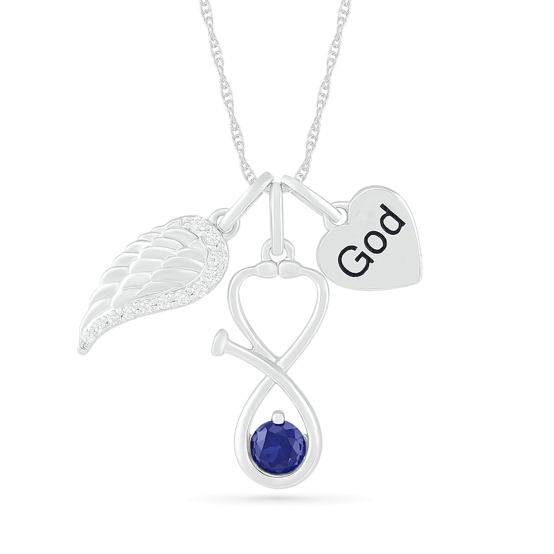4.0mm Lab-Created Blue and White Sapphire Stethoscope, Wing and "God" Heart Disc Charm Pendant in Sterling Silver