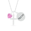 Thumbnail Image 0 of 5.0mm Lab-Created Pink and White Sapphire Cross and "Nurse" Disc Charm Pendant in Sterling Silver