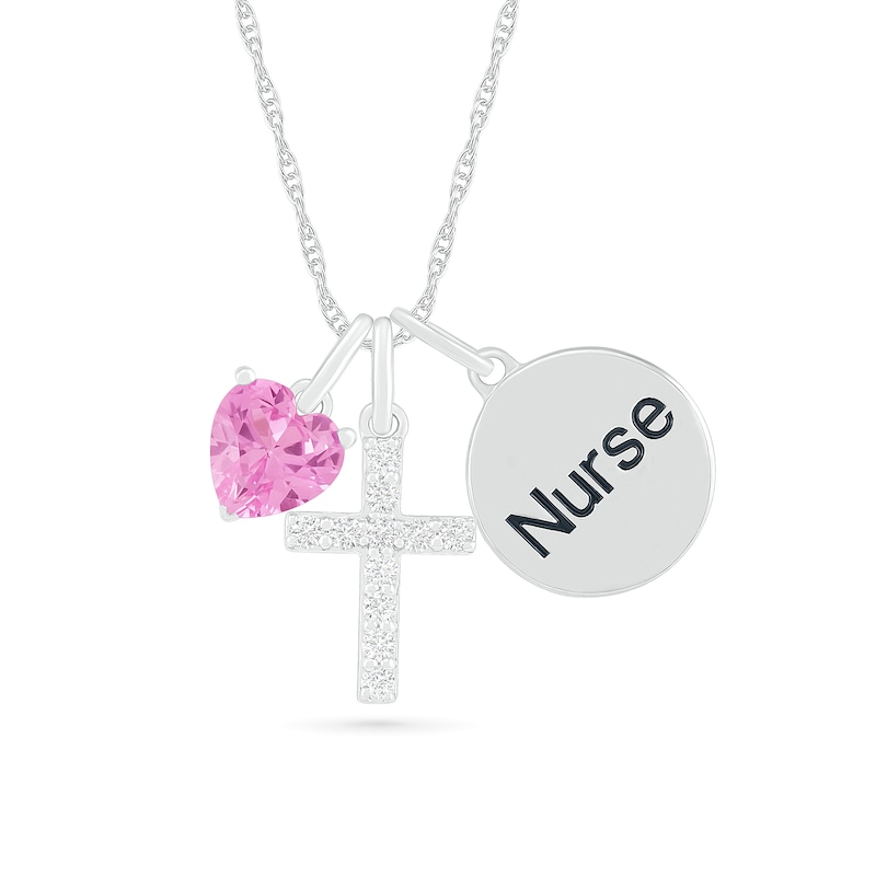 5.0mm Lab-Created Pink and White Sapphire Cross and "Nurse" Disc Charm Pendant in Sterling Silver
