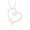 4.0mm Lab-Created White Sapphire Tilted Loop Heart Outline with Greek Cross Pendant in Sterling Silver and 10K Rose Gold