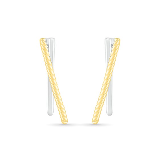 Polished and Rope-Textured Curved Bar Crossover J-Hoop Earrings in 10K Two-Tone Gold
