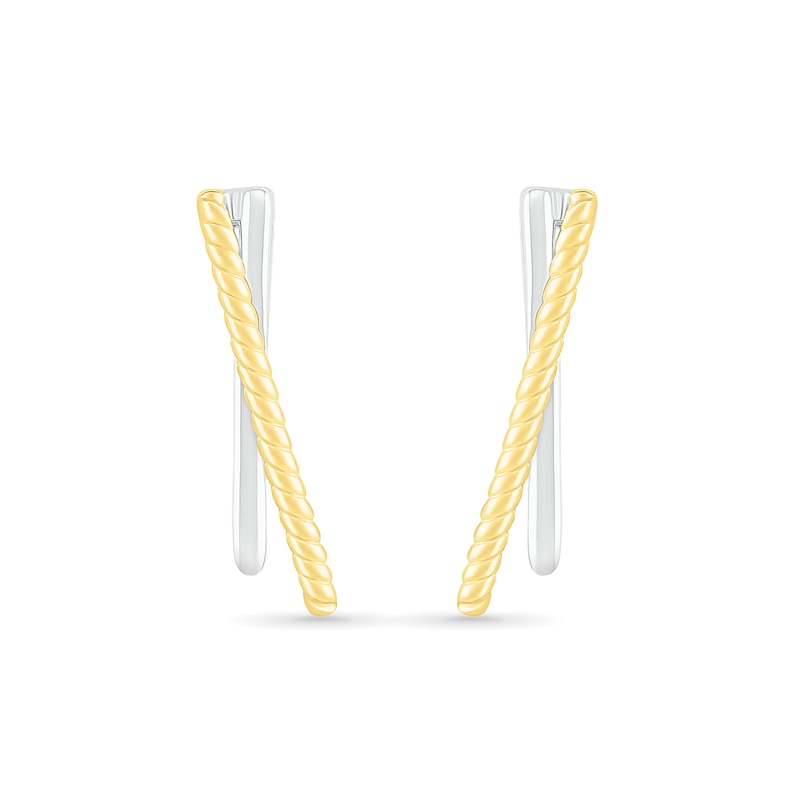 Polished and Rope-Textured Curved Bar Crossover J-Hoop Earrings in 10K Two-Tone Gold|Peoples Jewellers