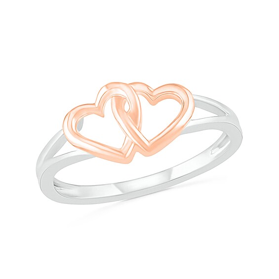 Interlocking Double Hearts Split Shank Ring in 10K Two-Tone Gold