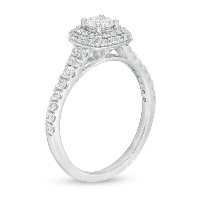 0.95 CT. T.W. Diamond Double Cushion Frame Engagement Ring in 14K White Gold