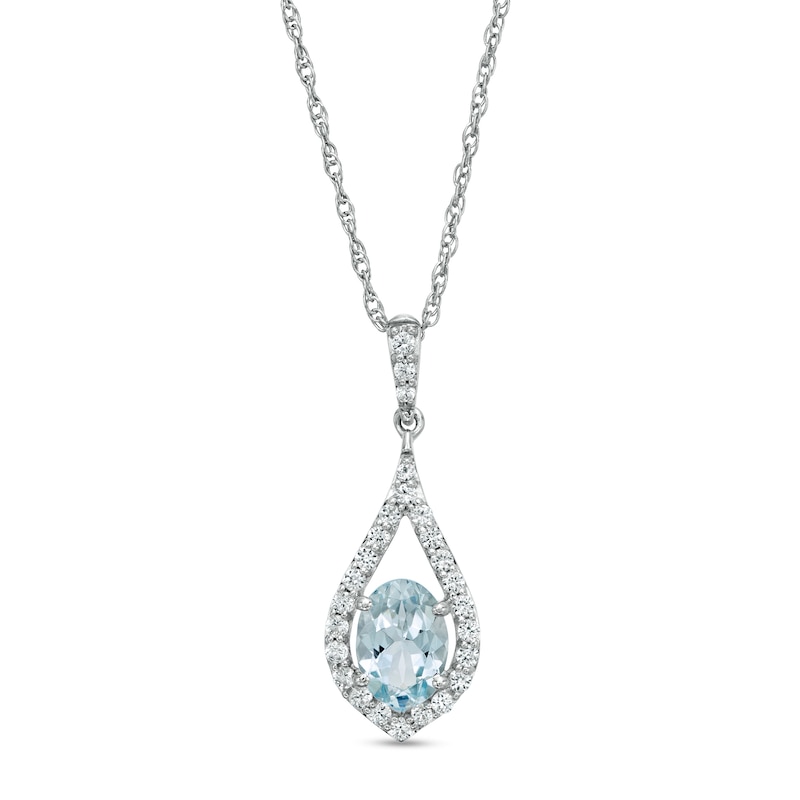 Main Image 1 of Oval Aquamarine and Lab-Created White Sapphire Teardrop Pendant in Sterling Silver