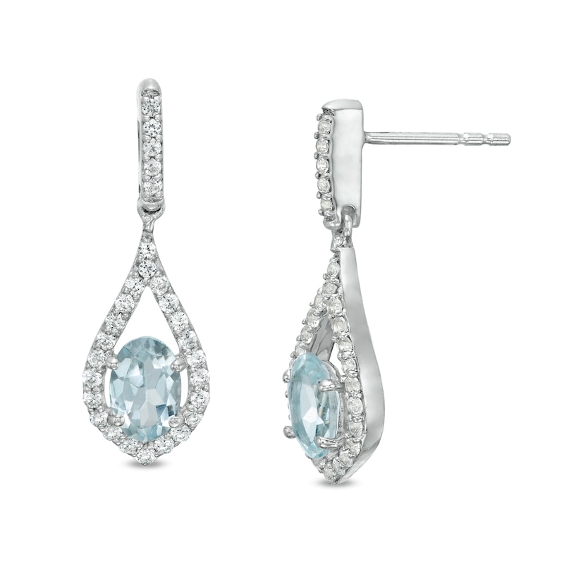 Oval Aquamarine and Lab-Created White Sapphire Teardrop Earrings in Sterling Silver