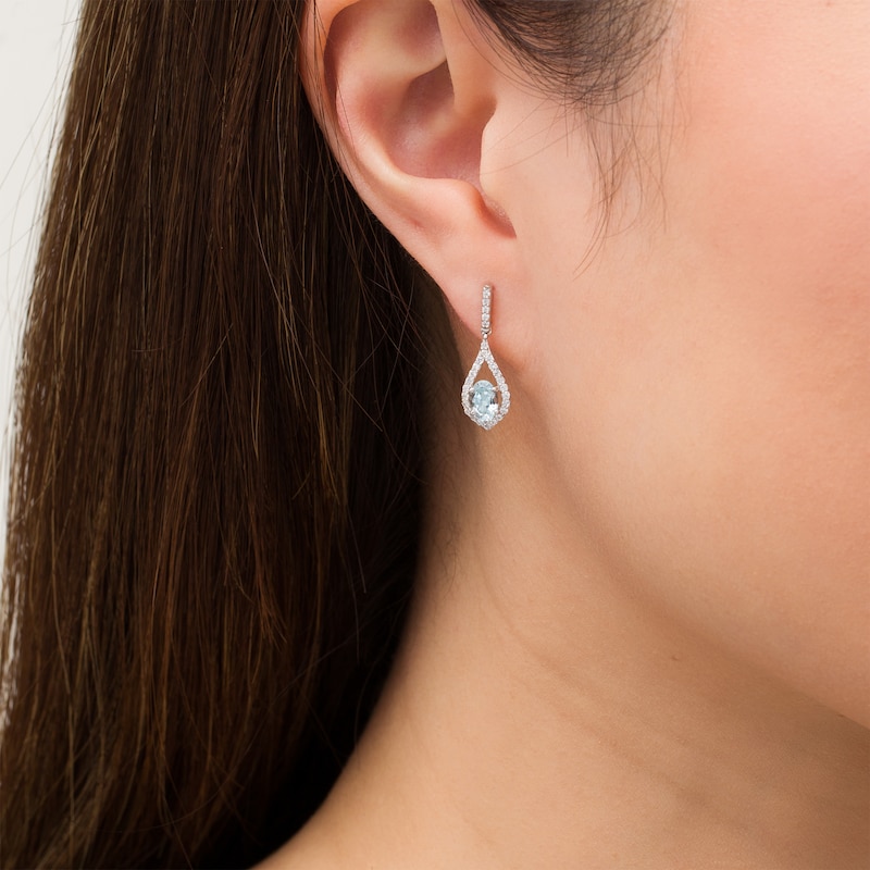 Oval Aquamarine and Lab-Created White Sapphire Teardrop Earrings in Sterling Silver