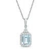 Thumbnail Image 1 of Emerald-Cut Aquamarine and Lab-Created White Sapphire Octagonal Frame Tri-Top Drop Pendant in Sterling Silver
